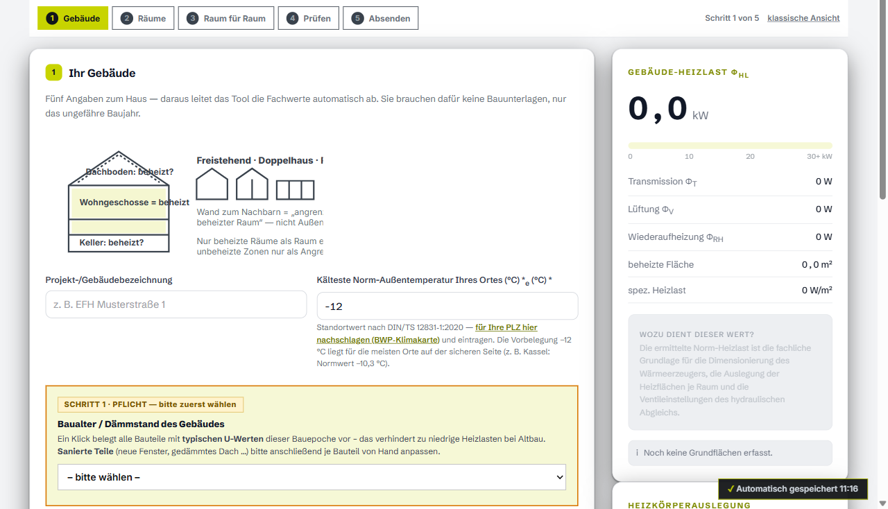 Schritt 1 im RCL-Tool: fünf einfache Angaben zum Gebäude – Norm-Außentemperatur und Baualter; die Gebäude-Heizlast rechnet live mit.