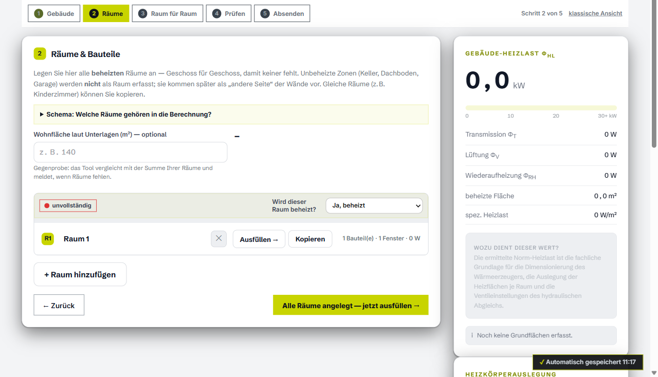Schritt 2 im RCL-Tool: beheizte Räume Geschoss für Geschoss anlegen und Bauteile eintragen.